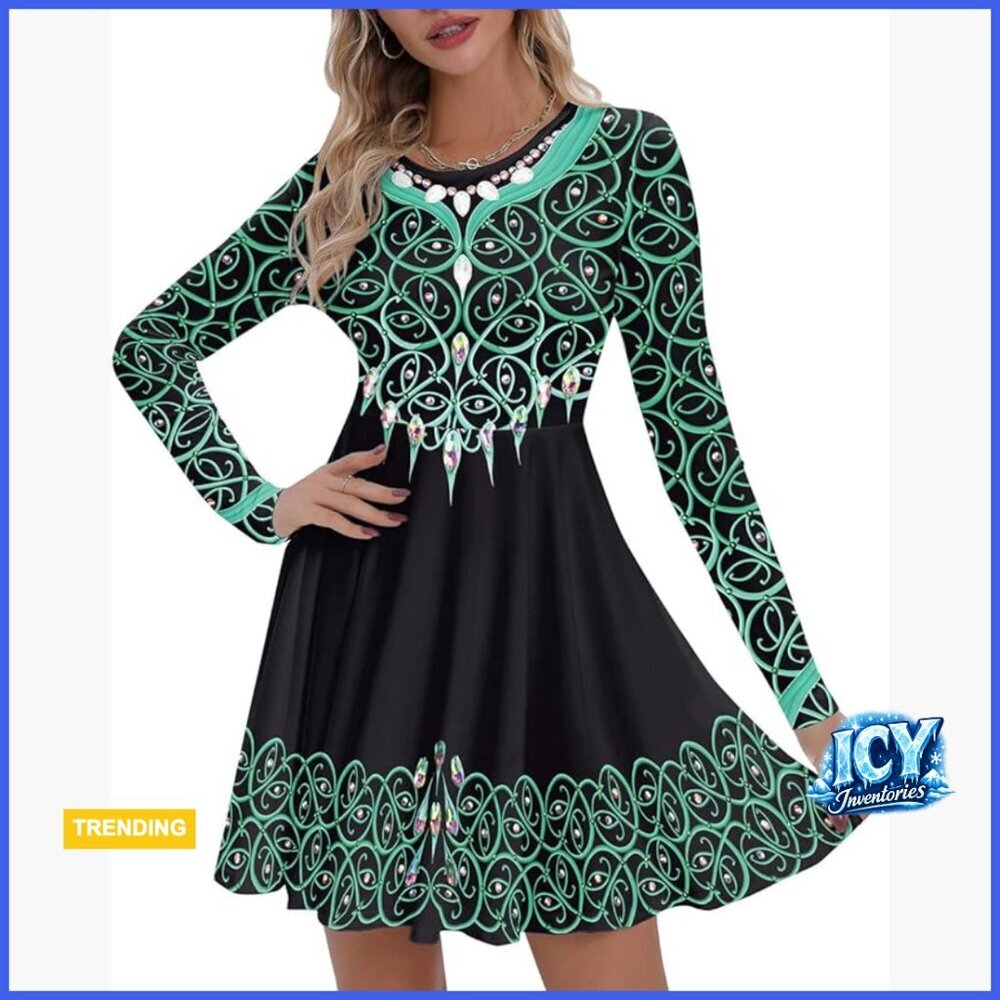 Long Sleeve Printed Twirl Dance Dress with Necklace and Waistline